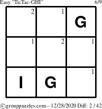 The grouppuzzles.com Easy TicTac-GHI puzzle for Monday December 28, 2020 with the first 2 steps marked