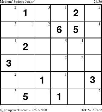 The grouppuzzles.com Medium Sudoku-Junior puzzle for Monday December 28, 2020 with the first 3 steps marked