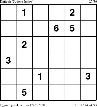 The grouppuzzles.com Difficult Sudoku-Junior puzzle for Monday December 28, 2020