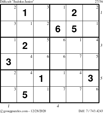 The grouppuzzles.com Difficult Sudoku-Junior puzzle for Monday December 28, 2020 with all 7 steps marked