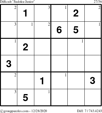 The grouppuzzles.com Difficult Sudoku-Junior puzzle for Monday December 28, 2020 with the first 3 steps marked