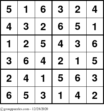 The grouppuzzles.com Answer grid for the Sudoku-Junior puzzle for Monday December 28, 2020