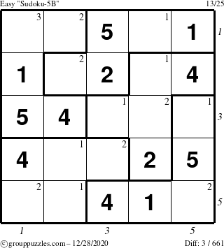 The grouppuzzles.com Easy Sudoku-5B puzzle for Monday December 28, 2020 with all 3 steps marked