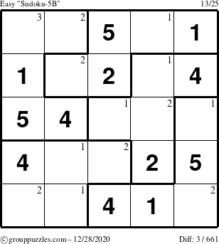 The grouppuzzles.com Easy Sudoku-5B puzzle for Monday December 28, 2020 with the first 3 steps marked