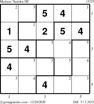 The grouppuzzles.com Medium Sudoku-5B puzzle for Monday December 28, 2020, suitable for printing, with all 5 steps marked