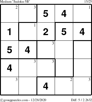 The grouppuzzles.com Medium Sudoku-5B puzzle for Monday December 28, 2020 with the first 3 steps marked