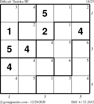 The grouppuzzles.com Difficult Sudoku-5B puzzle for Monday December 28, 2020 with all 6 steps marked