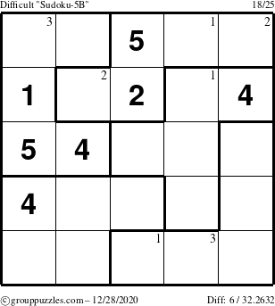 The grouppuzzles.com Difficult Sudoku-5B puzzle for Monday December 28, 2020 with the first 3 steps marked