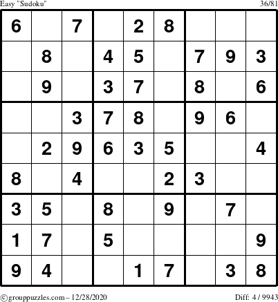 The grouppuzzles.com Easy Sudoku puzzle for Monday December 28, 2020