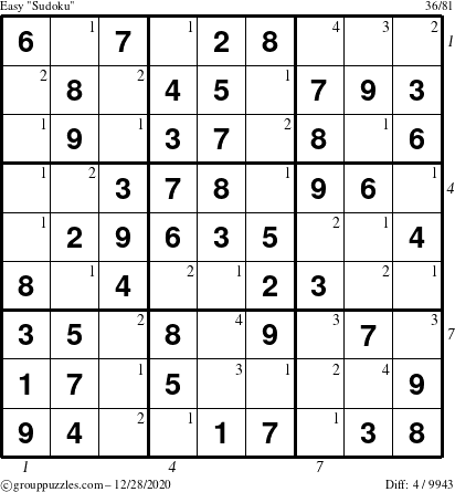 The grouppuzzles.com Easy Sudoku puzzle for Monday December 28, 2020 with all 4 steps marked