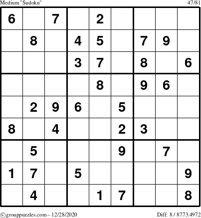 The grouppuzzles.com Medium Sudoku puzzle for Monday December 28, 2020