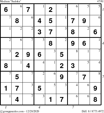 The grouppuzzles.com Medium Sudoku puzzle for Monday December 28, 2020 with all 8 steps marked