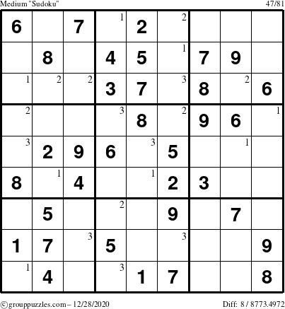 The grouppuzzles.com Medium Sudoku puzzle for Monday December 28, 2020 with the first 3 steps marked