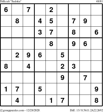 The grouppuzzles.com Difficult Sudoku puzzle for Monday December 28, 2020