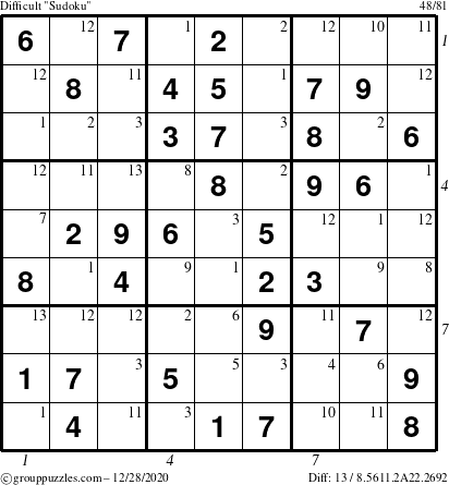 The grouppuzzles.com Difficult Sudoku puzzle for Monday December 28, 2020 with all 13 steps marked