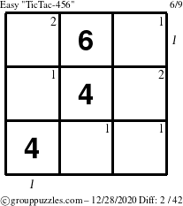 The grouppuzzles.com Easy TicTac-456 puzzle for Monday December 28, 2020 with all 2 steps marked