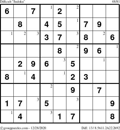 The grouppuzzles.com Difficult Sudoku puzzle for Monday December 28, 2020 with the first 3 steps marked