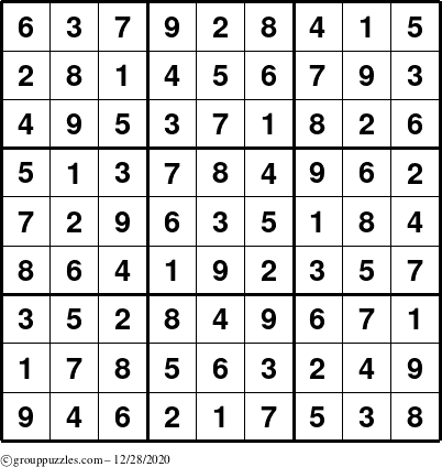 The grouppuzzles.com Answer grid for the Sudoku puzzle for Monday December 28, 2020