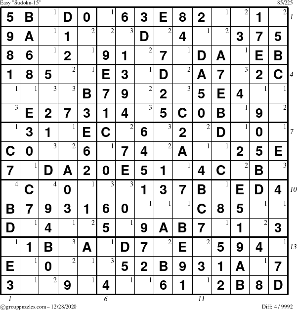 The grouppuzzles.com Easy Sudoku-15 puzzle for Monday December 28, 2020 with all 4 steps marked