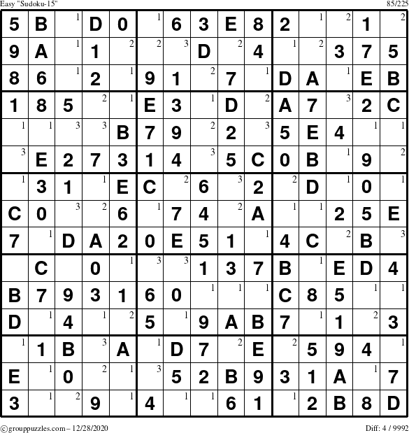 The grouppuzzles.com Easy Sudoku-15 puzzle for Monday December 28, 2020 with the first 3 steps marked