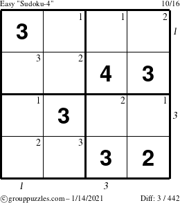 The grouppuzzles.com Easy Sudoku-4 puzzle for Thursday January 14, 2021 with all 3 steps marked