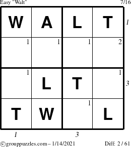 The grouppuzzles.com Easy Walt puzzle for Thursday January 14, 2021 with all 2 steps marked