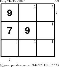 The grouppuzzles.com Easy TicTac-789 puzzle for Thursday January 14, 2021 with all 2 steps marked