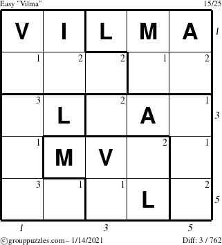 The grouppuzzles.com Easy Vilma puzzle for Thursday January 14, 2021 with all 3 steps marked