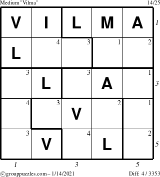 The grouppuzzles.com Medium Vilma puzzle for Thursday January 14, 2021 with all 4 steps marked