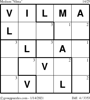 The grouppuzzles.com Medium Vilma puzzle for Thursday January 14, 2021 with the first 3 steps marked