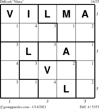 The grouppuzzles.com Difficult Vilma puzzle for Thursday January 14, 2021, suitable for printing, with all 4 steps marked