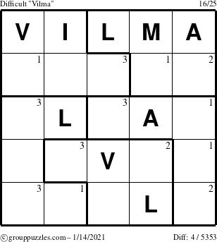 The grouppuzzles.com Difficult Vilma puzzle for Thursday January 14, 2021 with the first 3 steps marked