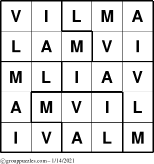 The grouppuzzles.com Answer grid for the Vilma puzzle for Thursday January 14, 2021