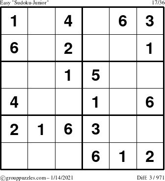 The grouppuzzles.com Easy Sudoku-Junior puzzle for Thursday January 14, 2021