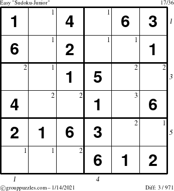 The grouppuzzles.com Easy Sudoku-Junior puzzle for Thursday January 14, 2021 with all 3 steps marked