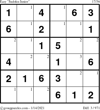 The grouppuzzles.com Easy Sudoku-Junior puzzle for Thursday January 14, 2021 with the first 3 steps marked