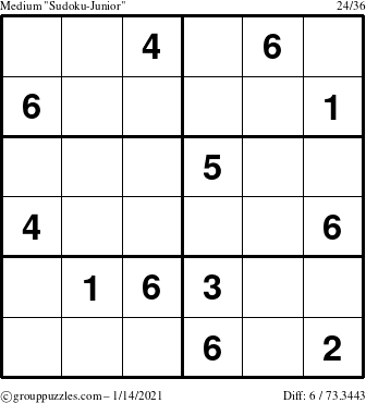 The grouppuzzles.com Medium Sudoku-Junior puzzle for Thursday January 14, 2021