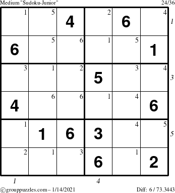 The grouppuzzles.com Medium Sudoku-Junior puzzle for Thursday January 14, 2021, suitable for printing, with all 6 steps marked