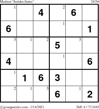 The grouppuzzles.com Medium Sudoku-Junior puzzle for Thursday January 14, 2021 with the first 3 steps marked