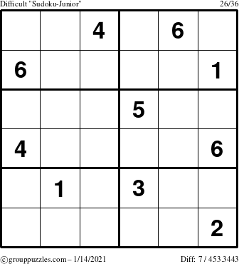 The grouppuzzles.com Difficult Sudoku-Junior puzzle for Thursday January 14, 2021