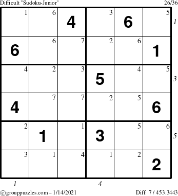 The grouppuzzles.com Difficult Sudoku-Junior puzzle for Thursday January 14, 2021, suitable for printing, with all 7 steps marked