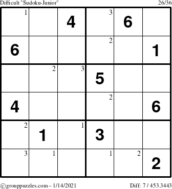 The grouppuzzles.com Difficult Sudoku-Junior puzzle for Thursday January 14, 2021 with the first 3 steps marked