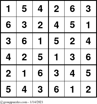 The grouppuzzles.com Answer grid for the Sudoku-Junior puzzle for Thursday January 14, 2021