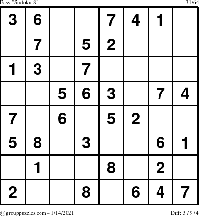 The grouppuzzles.com Easy Sudoku-8 puzzle for Thursday January 14, 2021