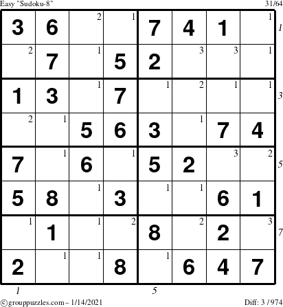 The grouppuzzles.com Easy Sudoku-8 puzzle for Thursday January 14, 2021 with all 3 steps marked