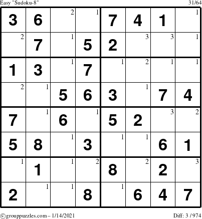 The grouppuzzles.com Easy Sudoku-8 puzzle for Thursday January 14, 2021 with the first 3 steps marked