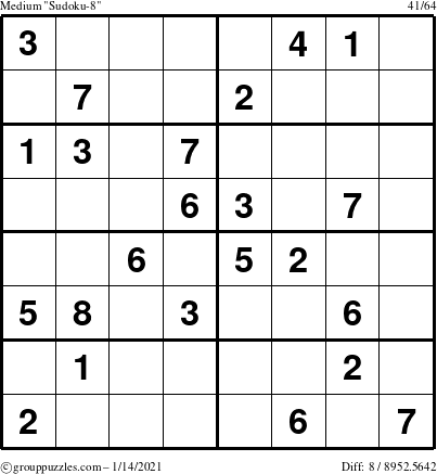 The grouppuzzles.com Medium Sudoku-8 puzzle for Thursday January 14, 2021