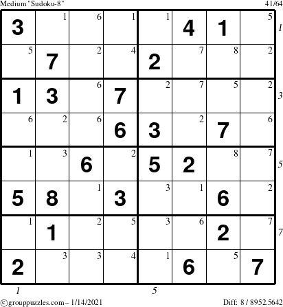 The grouppuzzles.com Medium Sudoku-8 puzzle for Thursday January 14, 2021 with all 8 steps marked