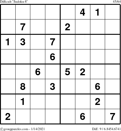 The grouppuzzles.com Difficult Sudoku-8 puzzle for Thursday January 14, 2021