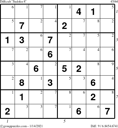 The grouppuzzles.com Difficult Sudoku-8 puzzle for Thursday January 14, 2021 with all 9 steps marked